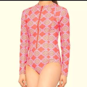 CABANA LIFE Geo Unisuit One-Piece Paddle Swimsuit Sz M Coral Rashguard UPF50+